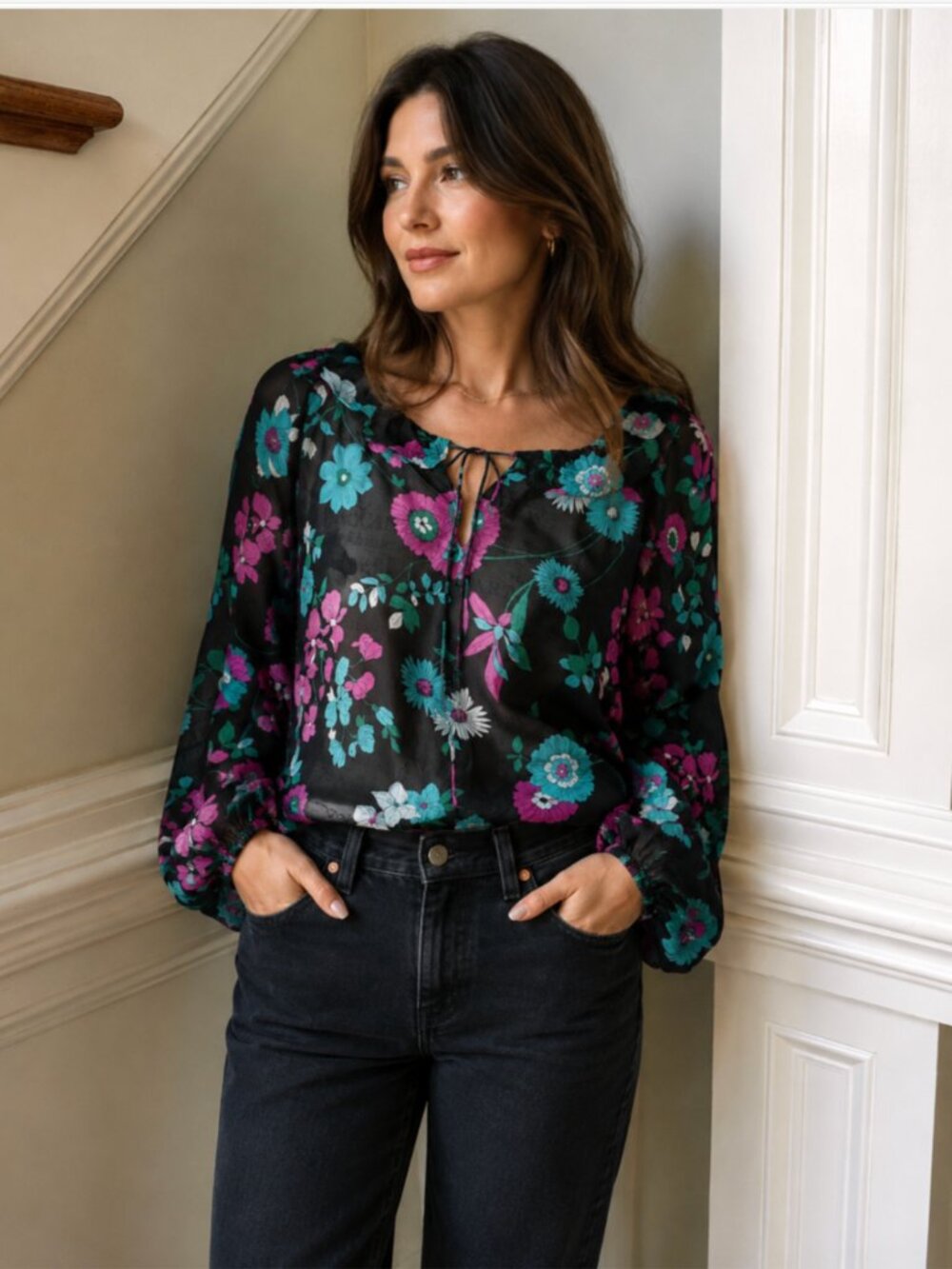 Saint Laurent YSL Floral Blouse Top Womens 38 6 Black Pink Long Sleeve Silk M